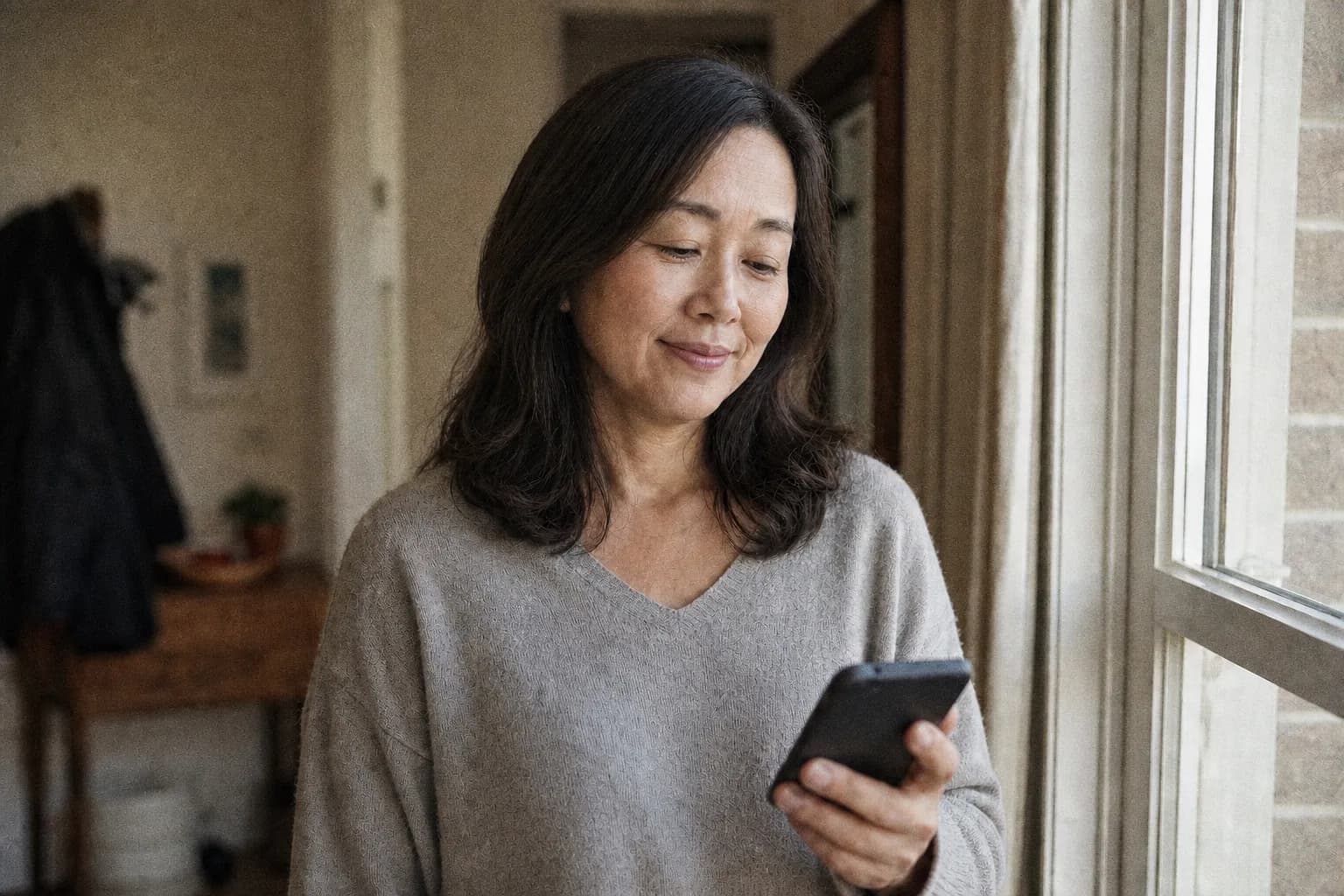 A woman looks at her phone with quiet relief beside a window.