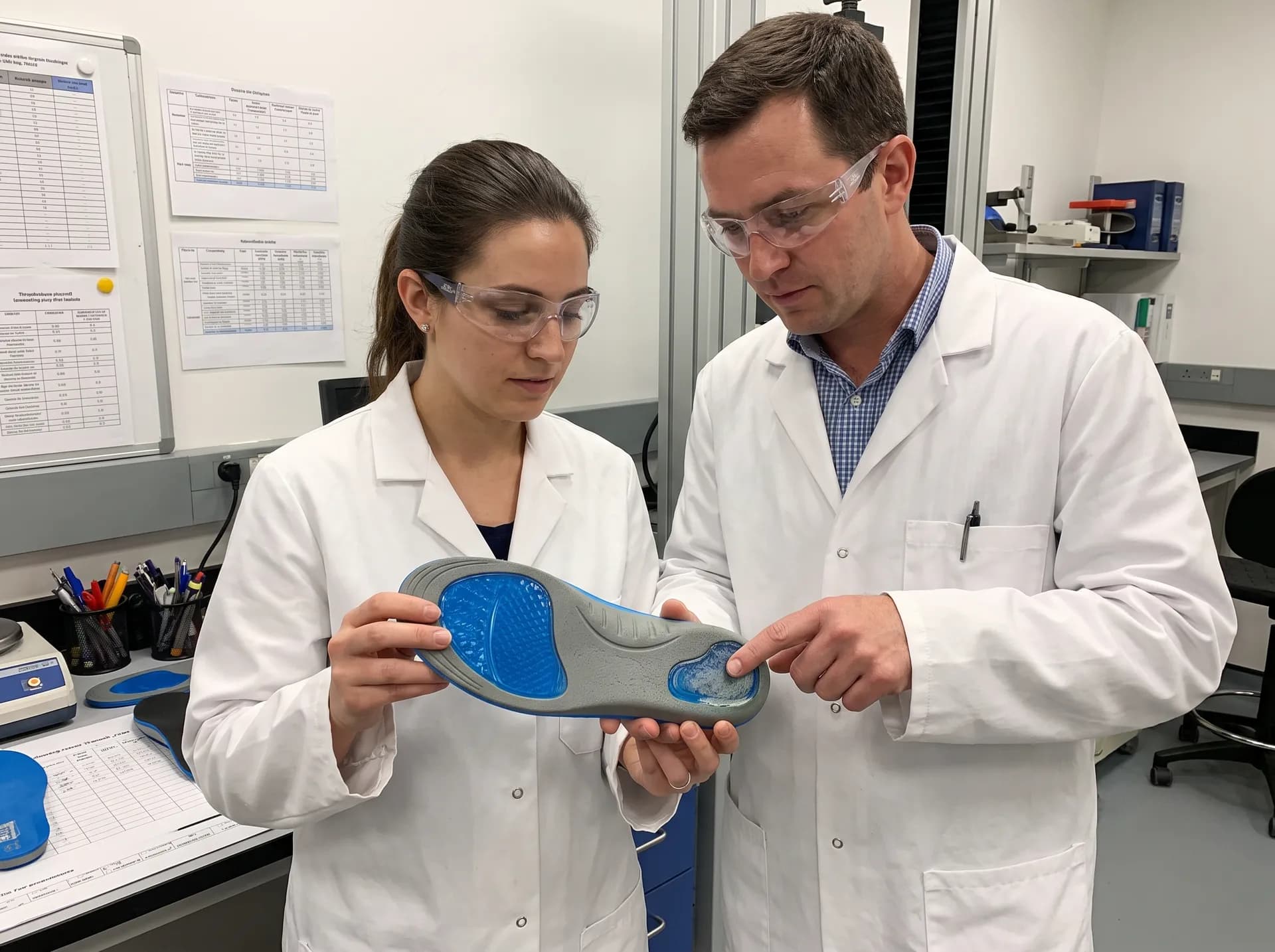 Dos investigadores examinan juntos una plantilla azul en un laboratorio, uno señalando un punto en su superficie