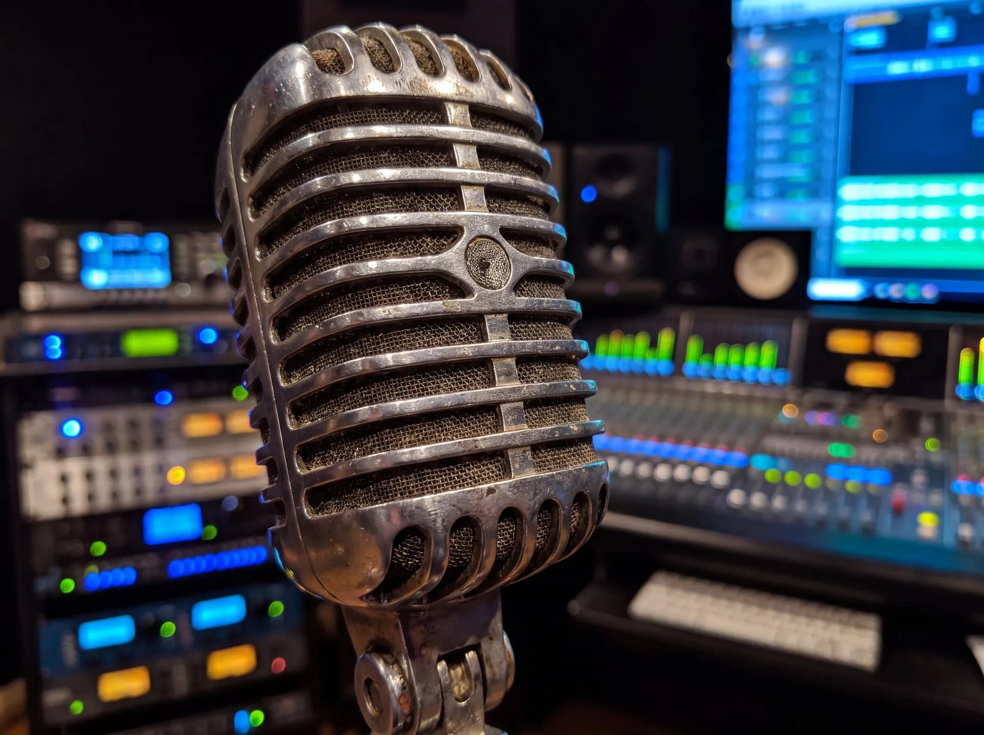 A vintage studio microphone in a recording booth, mixing consoles and a monitor glowing behind it