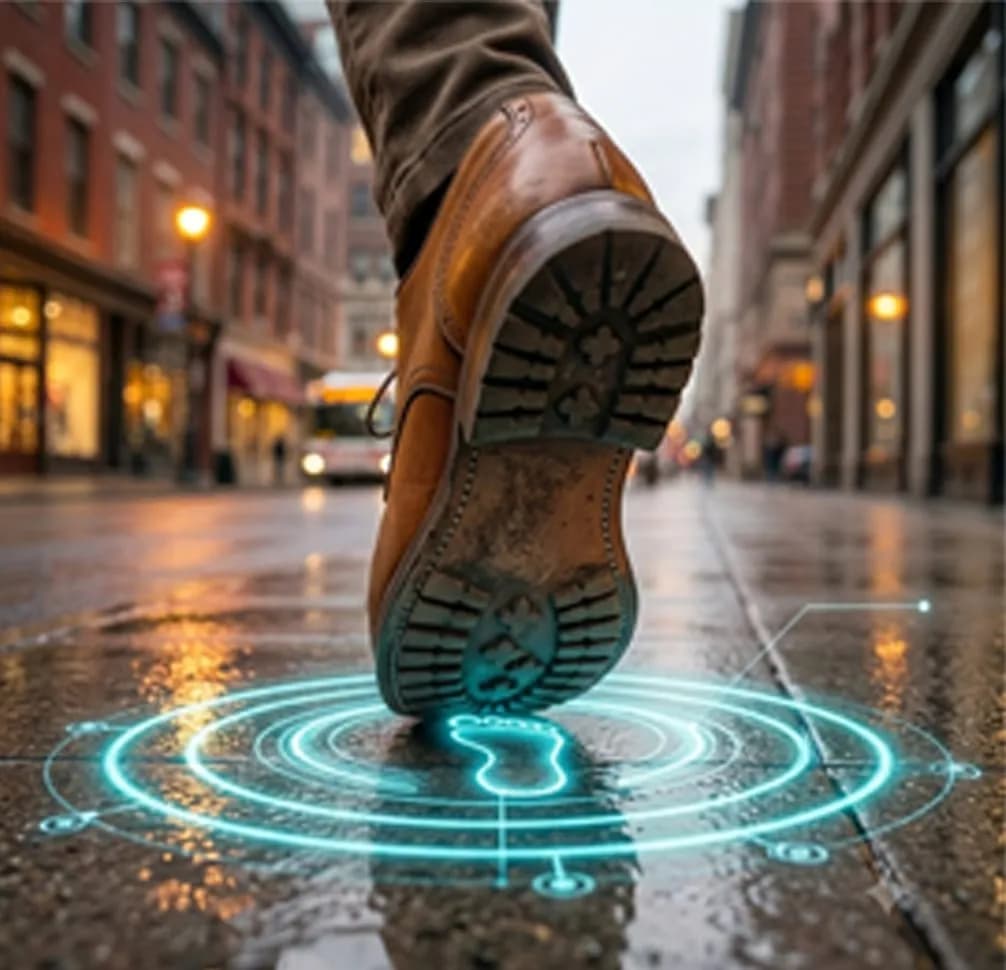 A figure crossing a floor, resolved as footfall rings rather than as a picture of anyone