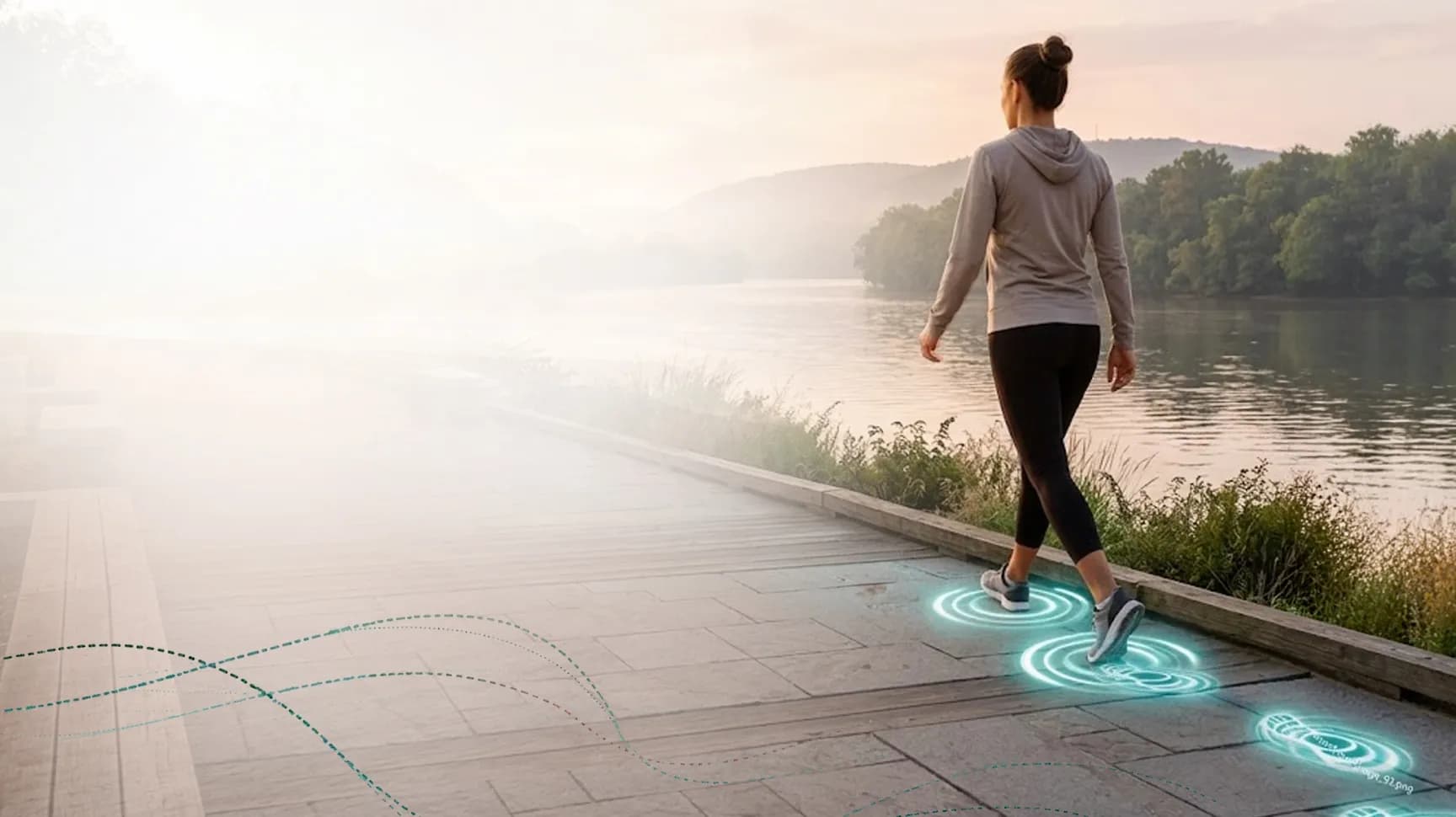 A woman walks a riverside promenade at dawn, teal footfall rings behind her
