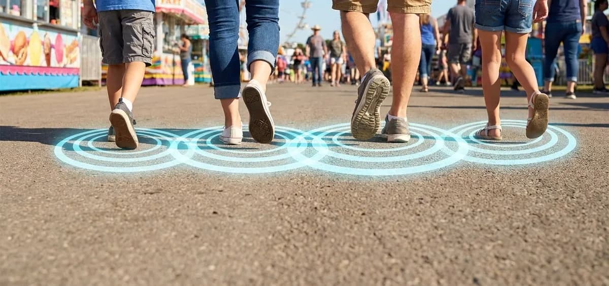 Cuatro pares de piernas caminando juntas sobre el pavimento de una feria, con anillos turquesa que se extienden a cada paso