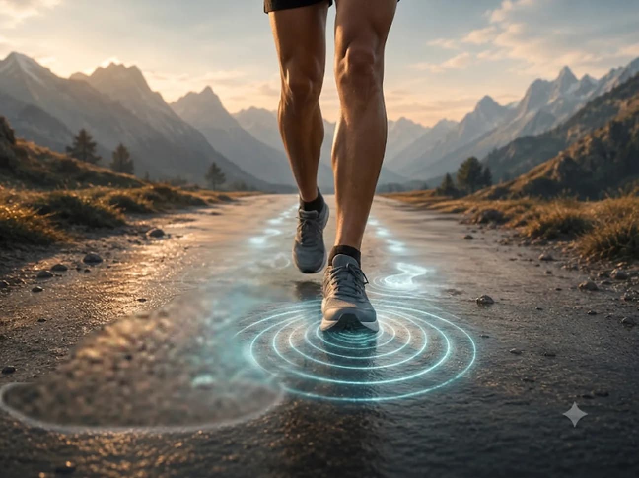 A runner's legs on a mountain trail at sunrise, concentric rings of light under the landing foot